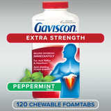 Gaviscon Extra Strength Tablets - 120 Count - Chewable Foaming Antacid Tablets for Day and Night Heartburn Relief, Acid Reflux and GERD Relief, Cooling & Refreshing Peppermint - Free of Aluminum