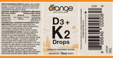 Orange Naturals - Vitamin D3+K2 Drops 250IU 15ml, 75-Day Supply - Natural Orange Flavour - Support Bone, Teeth Health, Maintain Muscle, Enhanced Absorption and Prevent D Deficiency Cholecalciferol