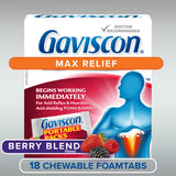 Gaviscon Max Relief Portable Tablets - 18 Count - Chewable Foaming Antacid Tablets for Day and Night Heartburn Relief, Acid Reflux and GERD Relief, Berry Blend - Free of Aluminum, Lactose and Gluten