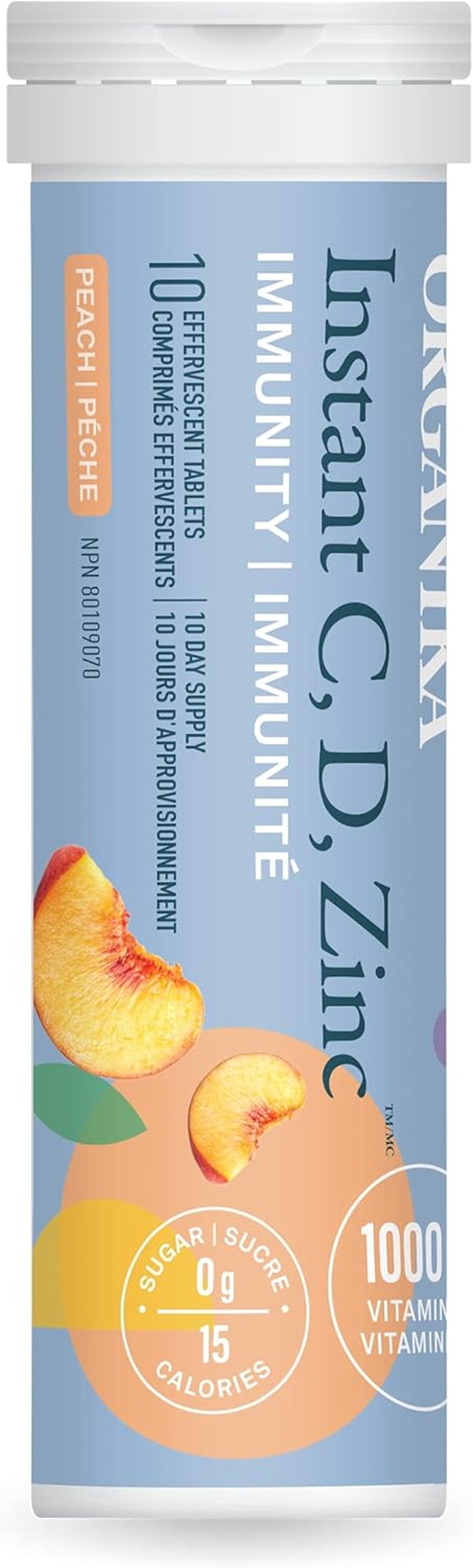 Instant C, D, Zinc Effervescent Tablets - Peach Flavour- Immune Support- Single Tube X 10 Tablets
