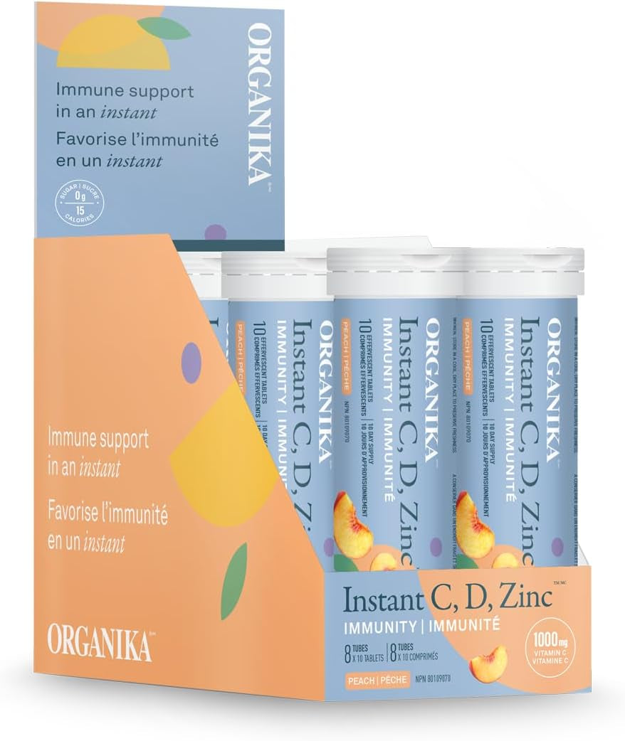 Instant C, D, Zinc Effervescent Tablets - Peach Flavour- Immune Support- Single Tube X 10 Tablets