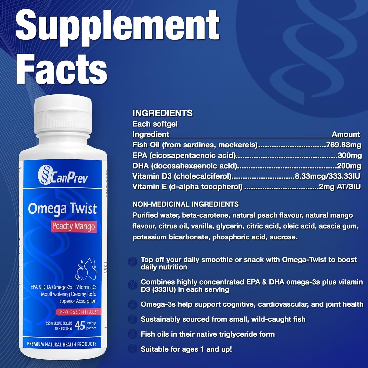 Omega Twist - Peachy Mango 225Ml - Superior Absorption Enriched with DHA & EPA Omega-3 Fatty Acids -Supports Overall Wellness