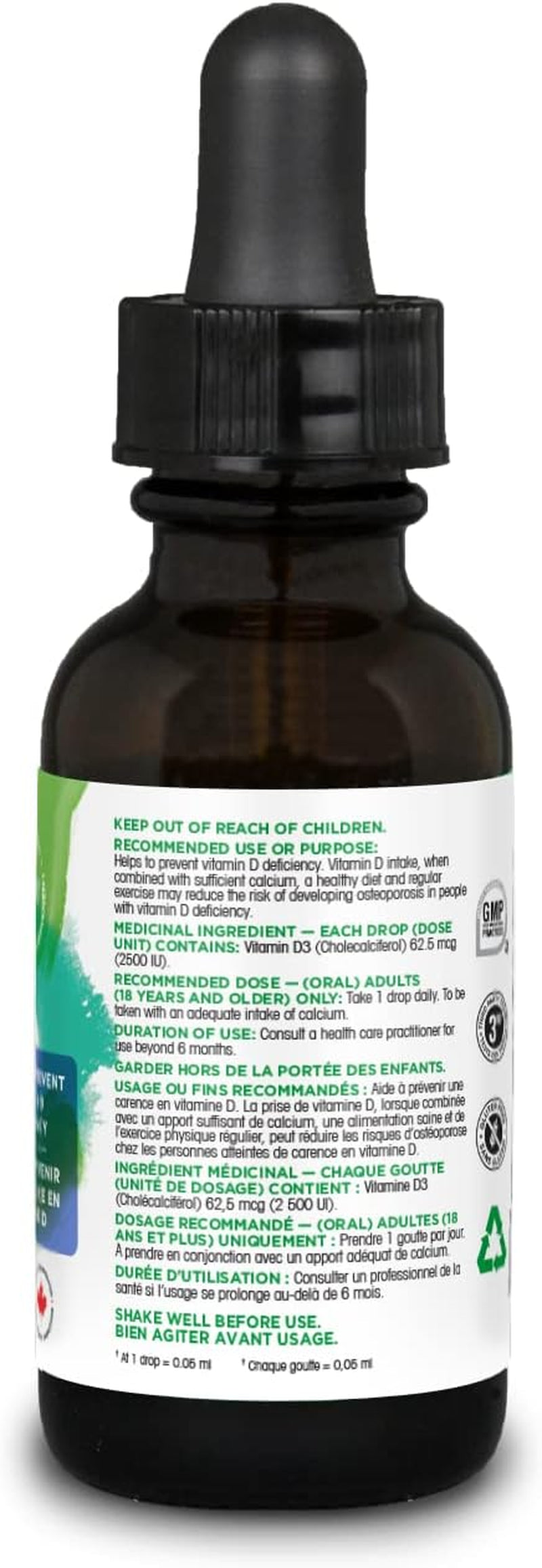 Canadian-Made Vitamin D3 Liquid 2500IU- Olive Oil Base, Immune System Support- 30Ml