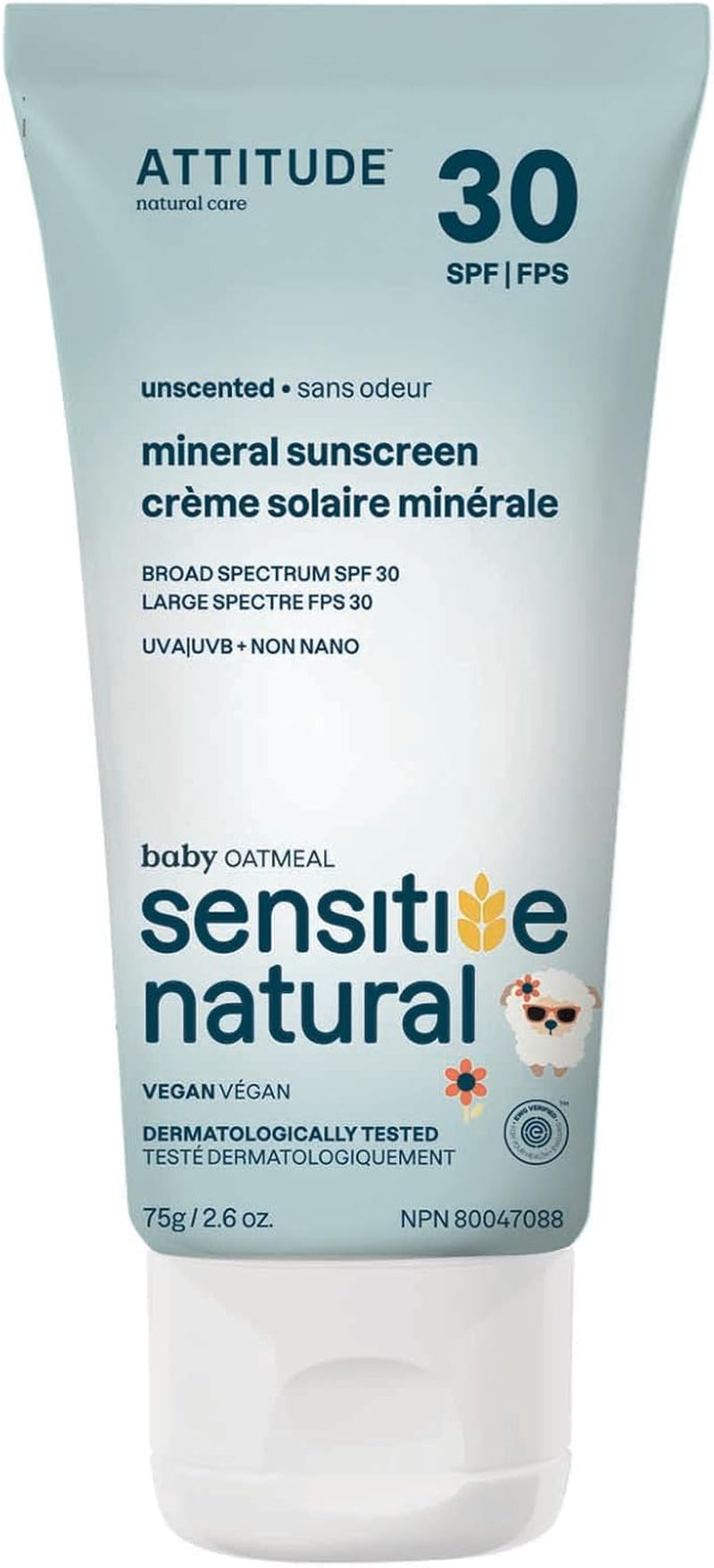 Mineral Sunscreen for Baby and Kids with Sensitive Skin, Made in Canada, EWG Verified, Broad Spectrum UVA/UVB, Dermatologically Tested, Plant and Mineral-Based Formula, Vegan, SPF 30, Unscented, 75 Grams
