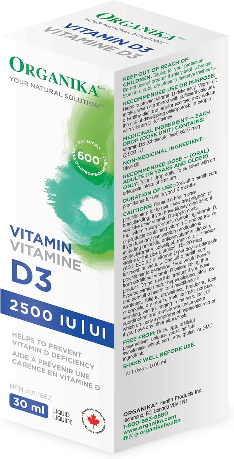Canadian-Made Vitamin D3 Liquid 2500IU- Olive Oil Base, Immune System Support- 30Ml