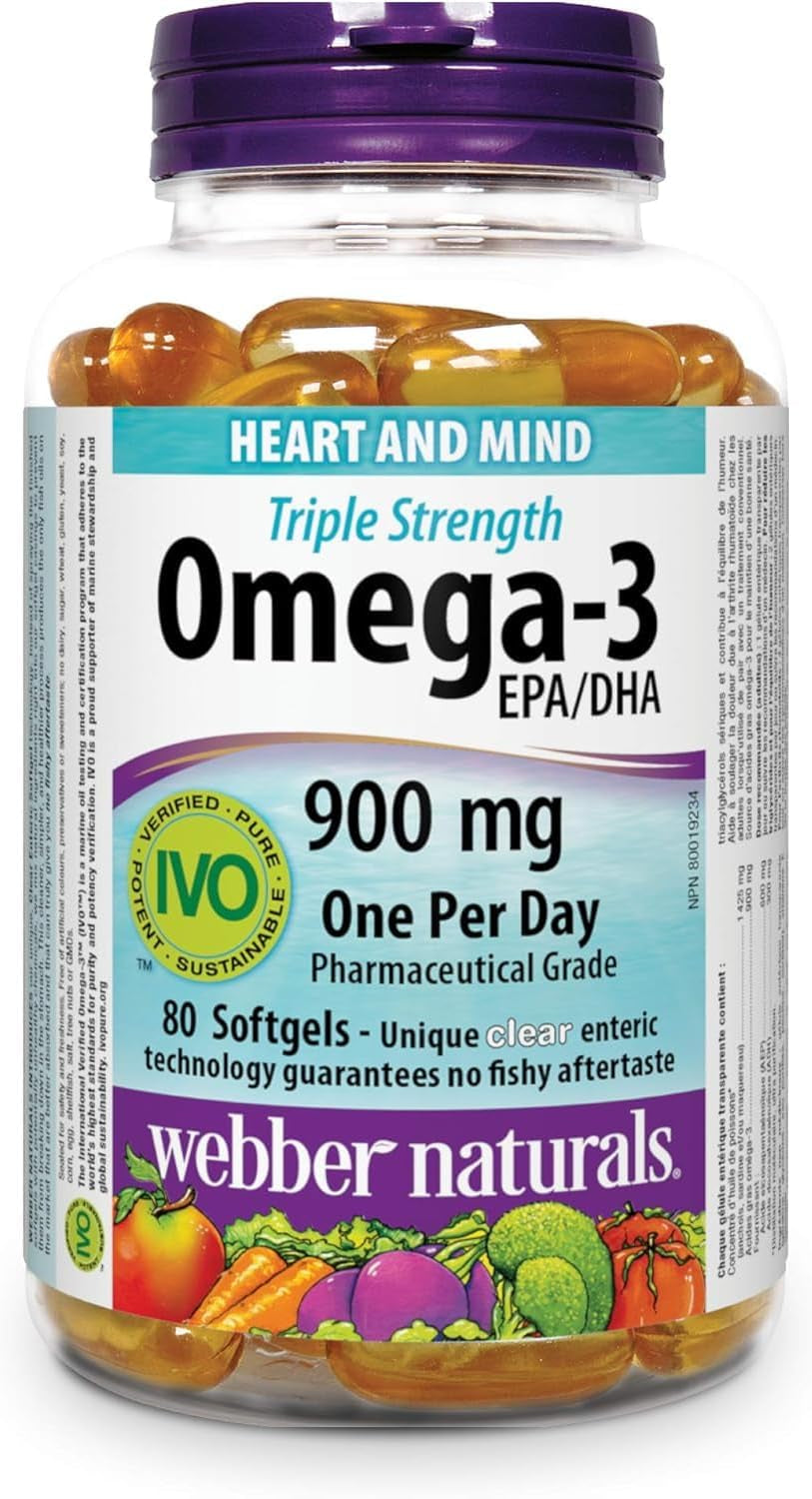 Omega-3 900 Mg Triple Strength, 120 Clear Enteric No Fishy Aftertaste Softgels, Supports Cardiovascular Health and Brain Function