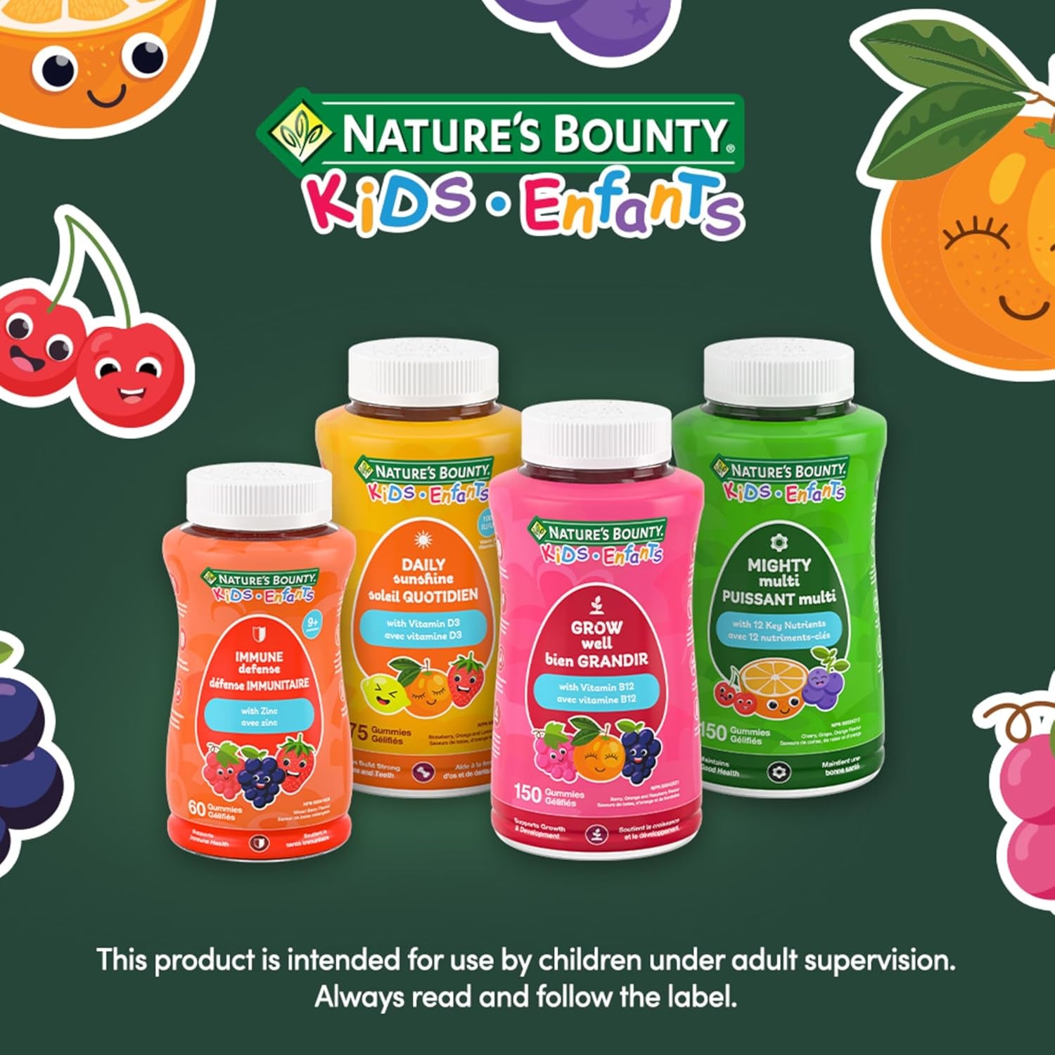 KIDS Mighty Multi, Only 1G Sugar per Gummy, Supports Immune System, Eye Health, Bones, & Teeth, Source of Antioxidants, Gluten-Free, Cherry, Grape & Orange-Flavoured Gummies, 375 G