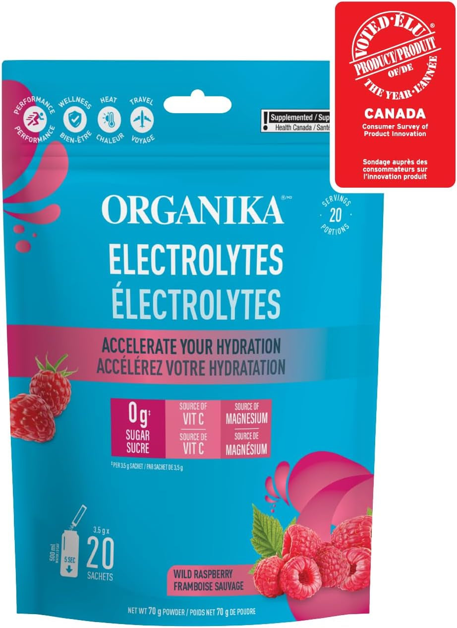 Canadian-Made Electrolytes Powder - Wild Raspberry - on the Go Sugar-Free Hydration and Electrolyte Replenishment with Prebiotics + 100% of Daily Vitamin C - 3.5G X 20 Sachets