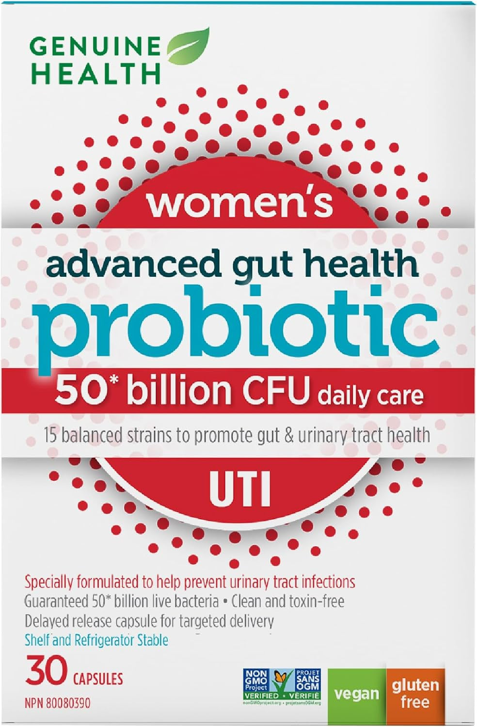 UTI Probiotic, 30 Count, 50 Billion CFU, Natural Daily UTI Support and Relief, 15 Diverse and Balanced Strains per Capsule, Dairy, Soy & Gluten-Free, Non-Gmo, Vegan