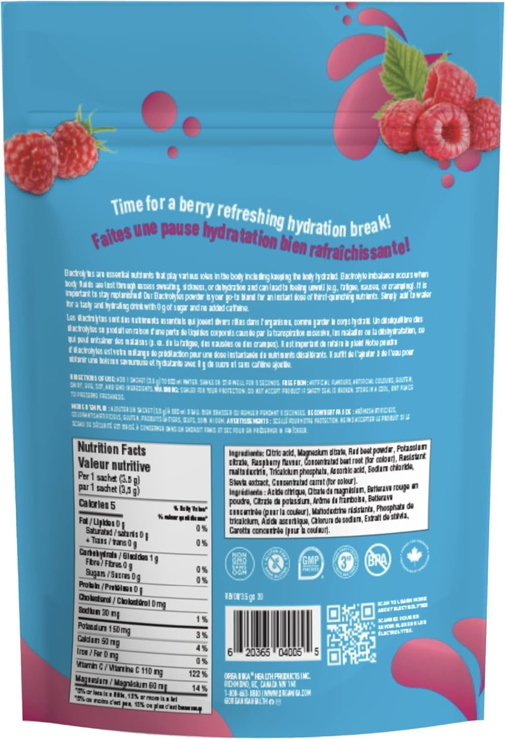 Canadian-Made Electrolytes Powder - Wild Raspberry - on the Go Sugar-Free Hydration and Electrolyte Replenishment with Prebiotics + 100% of Daily Vitamin C - 3.5G X 20 Sachets