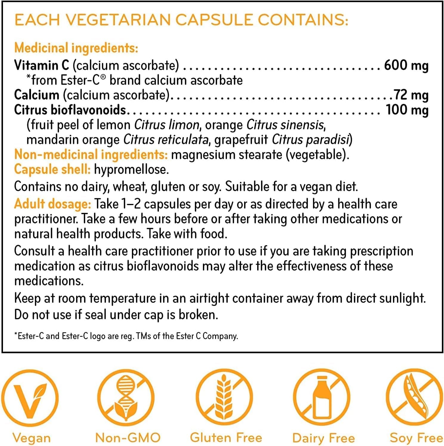 Ester-C 600Mg Capsules, 24-Hour Immune Support Vitamin C, Less Acidic, Better Absored & Rentained than Other Forms of Vitamin C, 120 VC, Vegan, Non-Gmo, Gluten Free, Dairy Free, Soy Free