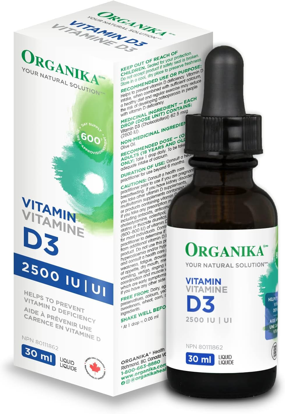 Canadian-Made Vitamin D3 Liquid 2500IU- Olive Oil Base, Immune System Support- 30Ml