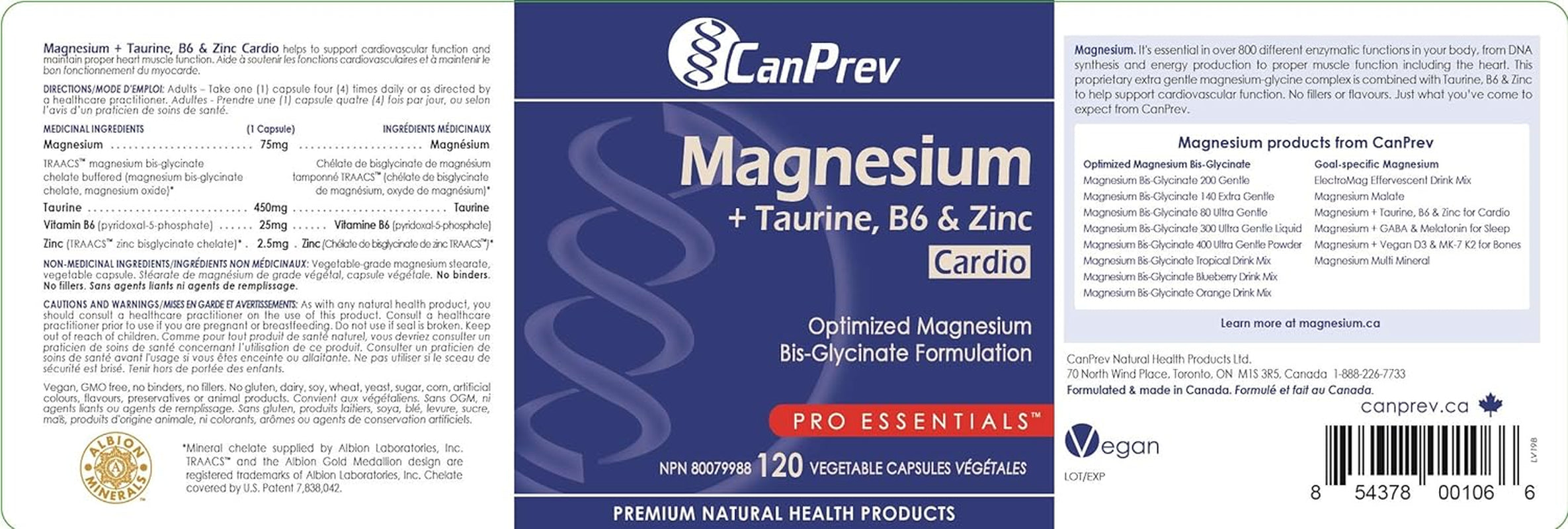 Magnesium + Taurine, B6 & Zinc, 120 V-Caps, 30-Day Supply - Pure Magnesium Bisglycinate Formula, Support Heart Function & Relaxation, Taurine Supplement for Calm & Vitality - Vegan Friendly