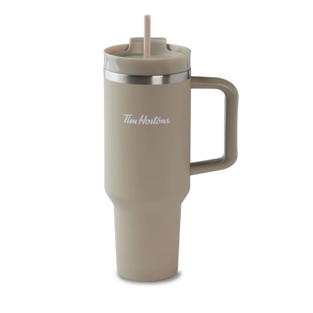 Tim Hortons 40oz Beige Stainless Steel Tumbler with Handle and Straw