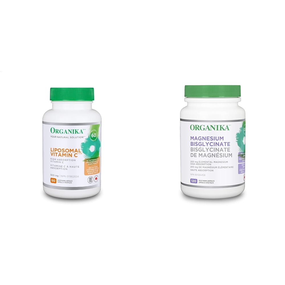 Organika Liposomal Vitamin C 500mg- High Absoprtion for Superior Bioavailability, Immunity- 60vcaps & Magnesium Bisglycinate - 200mg, High Absorption, Muscle Recovery, Heart Support, 120vcaps