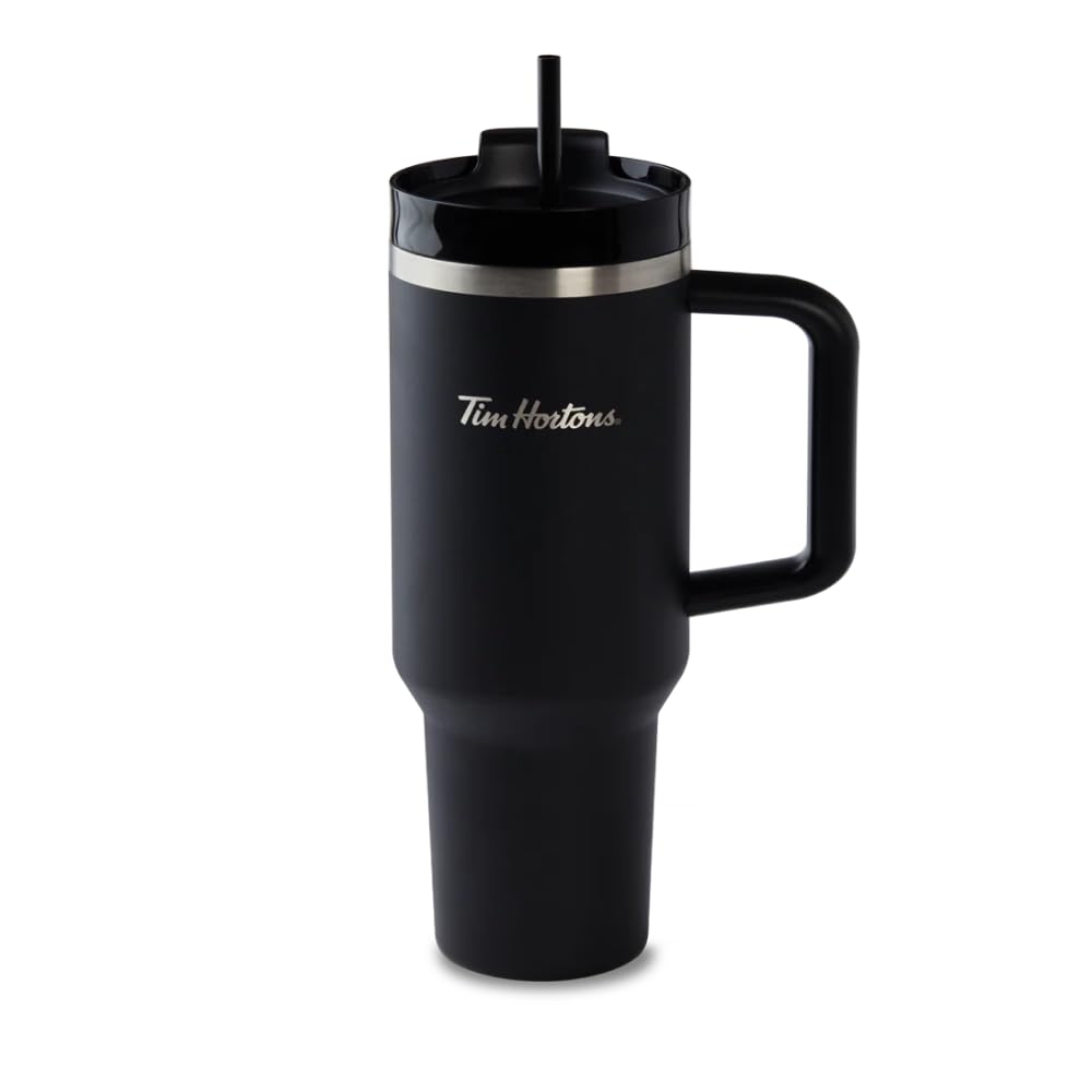Tim Hortons 40oz Black Stainless Steel Tumbler with Handle and Straw