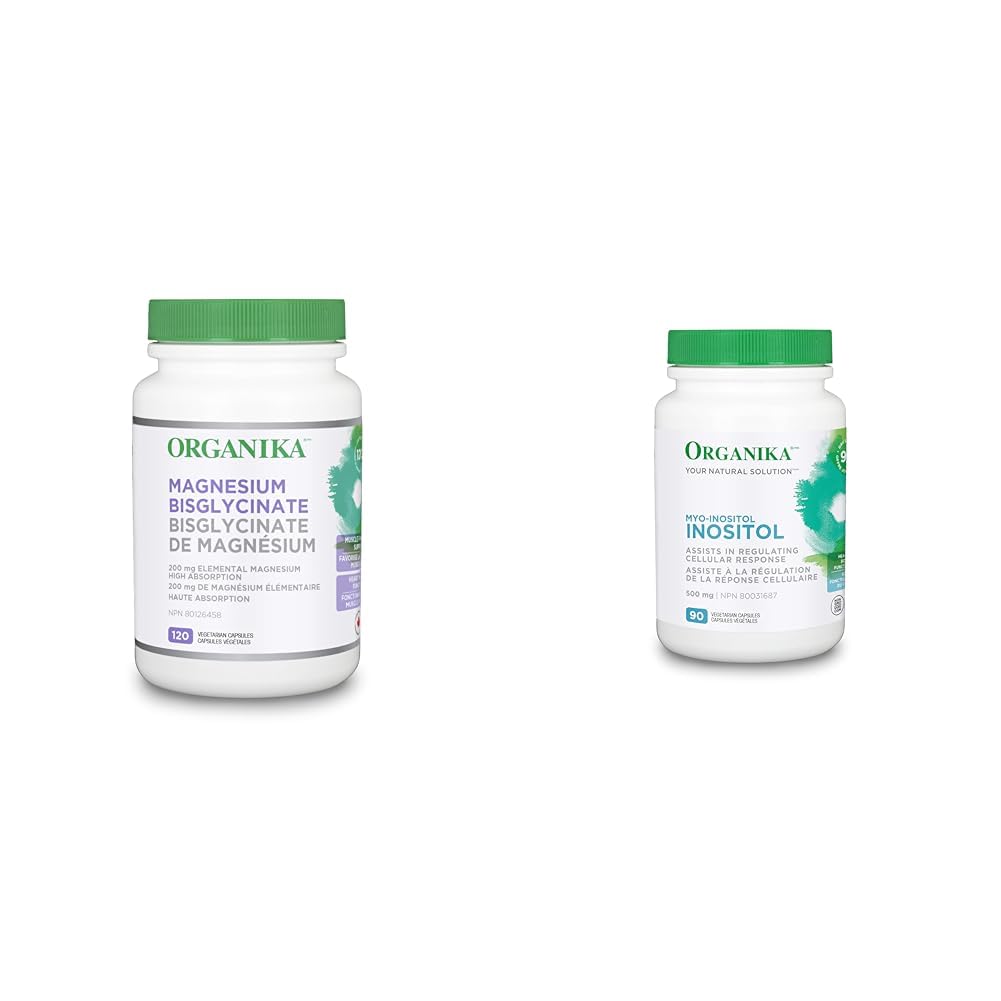 Organika Magnesium Bisglycinate - 200mg, High Absorption, Muscle Recovery, Heart Support, 120vcaps & Inositol (Myo-Inositol)- Cellular Response, Mood Balance, Insulin Support- 90vcaps