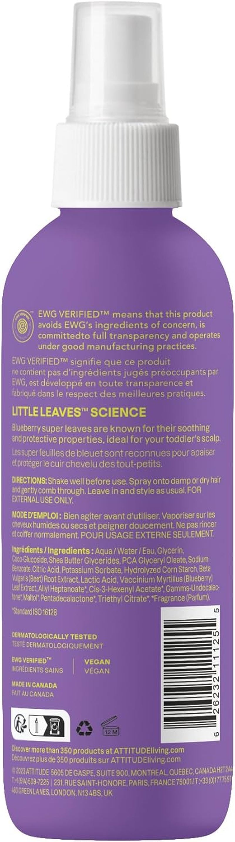 Rinse-Free Hair Detangler Spray for Kids, Made in Canada, EWG Verified, Leave in Product, Vegan, Vanilla and Pear, 240 Ml