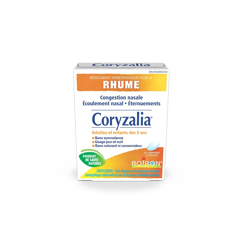 Boiron Coryzalia for colds and cold symptoms, 60 Tablets. Chewable Tablets for nasal congestion, runny nose, rhinitis. Non-drowsy Cold Medicine