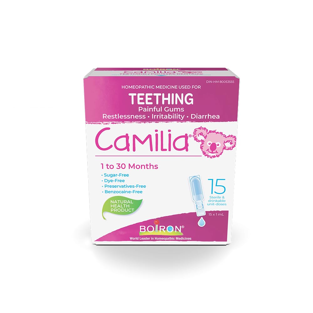 Boiron Camilia Baby Teething Medicine, 15 drinkable unit-doses (1 ml each). Camilia used for pain, restlessness, irritability and diarrhea due to teething. Benzocaine-Free and Preservative-Free, No Sugar, No Dye. 1 to 30 months.