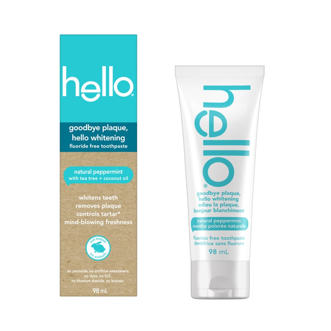 hello Goodbye Plaque Fluoride Free Toothpaste, Whitening Toothpaste with Coconut Oil and Tea Tree Oil, SLS Free, Removes Plaque, Tartar, and Removes Surface Stains, Natural Peppermint, 98 mL