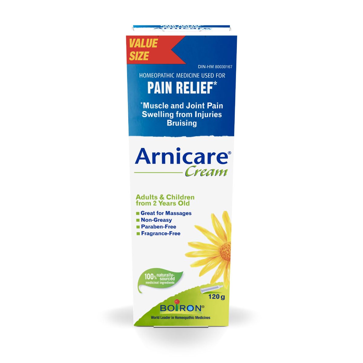 Boiron Arnicare Cream 120g, for the relief of muscle and joint pain. Eases resorption of bruises, contusions, and infl ammatory oedema caused by falls, blows, blunt injury or surgery. Adults and children from 2 years old.