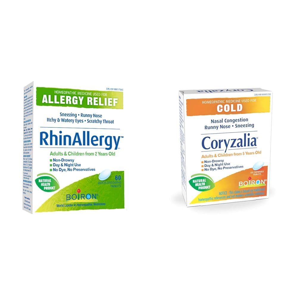 Boiron RhinAllergy for Relief from Allergy Symptoms of Sneezing, Runny Nose, and Itchy Eyes & Coryzalia for colds and cold symptoms, 60 Tablets. Chewable Tablets for nasal congestion