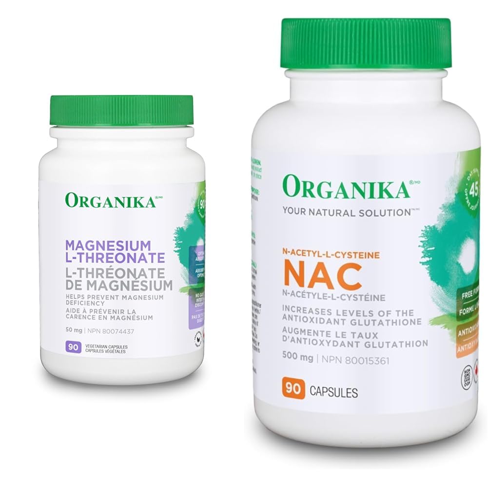 Organika Magnesium L-Threonate- High Absorption to Boost Magnesium Levels- 90vcaps & NAC (N-Acetyl-L-Cysteine) 500mg- Supports Antioxidant Glutathione Levels