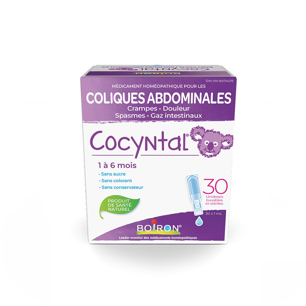Boiron Cocyntal 30 unit-doses used for infant colic: abdominal pain, cramps, spasms and intestinal gas. Age: 1 to 6 months. Day and Night use.