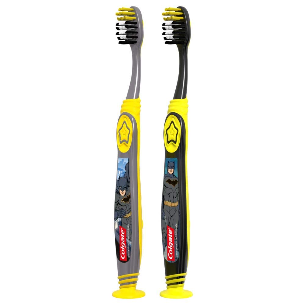 Colgate Kids Full Size Toothbrush (2 Pack) with Extra Soft Bristles, Cheek and Tongue Scraper, Batman Design, Suction Cup Base - Gentle for Children, Kids Toothbrush for Oral Care