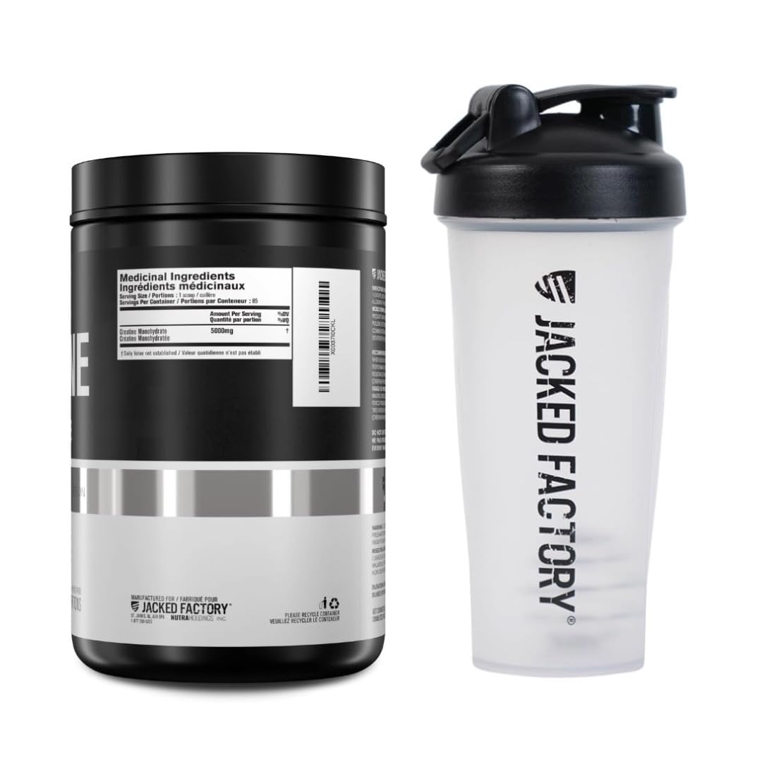 Jacked Factory Creatine Monohydrate 425g + Shaker Bottle Bundle - Informed Choice Certified Supplement for Increased Muscle Mass*, Improved Strength, Power, & Performance** - 85 Servings, Unflavored