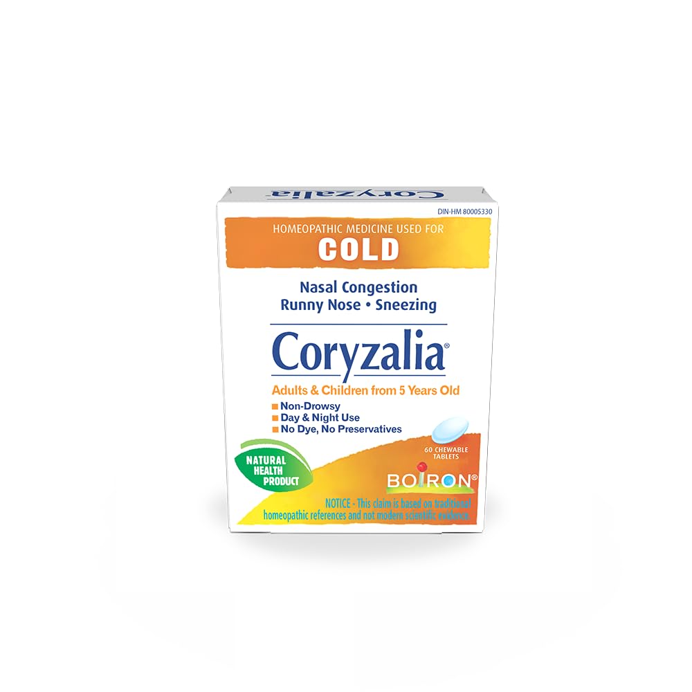 Boiron Coryzalia for colds and cold symptoms, 60 Tablets. Chewable Tablets for nasal congestion, runny nose, rhinitis. Non-drowsy Cold Medicine