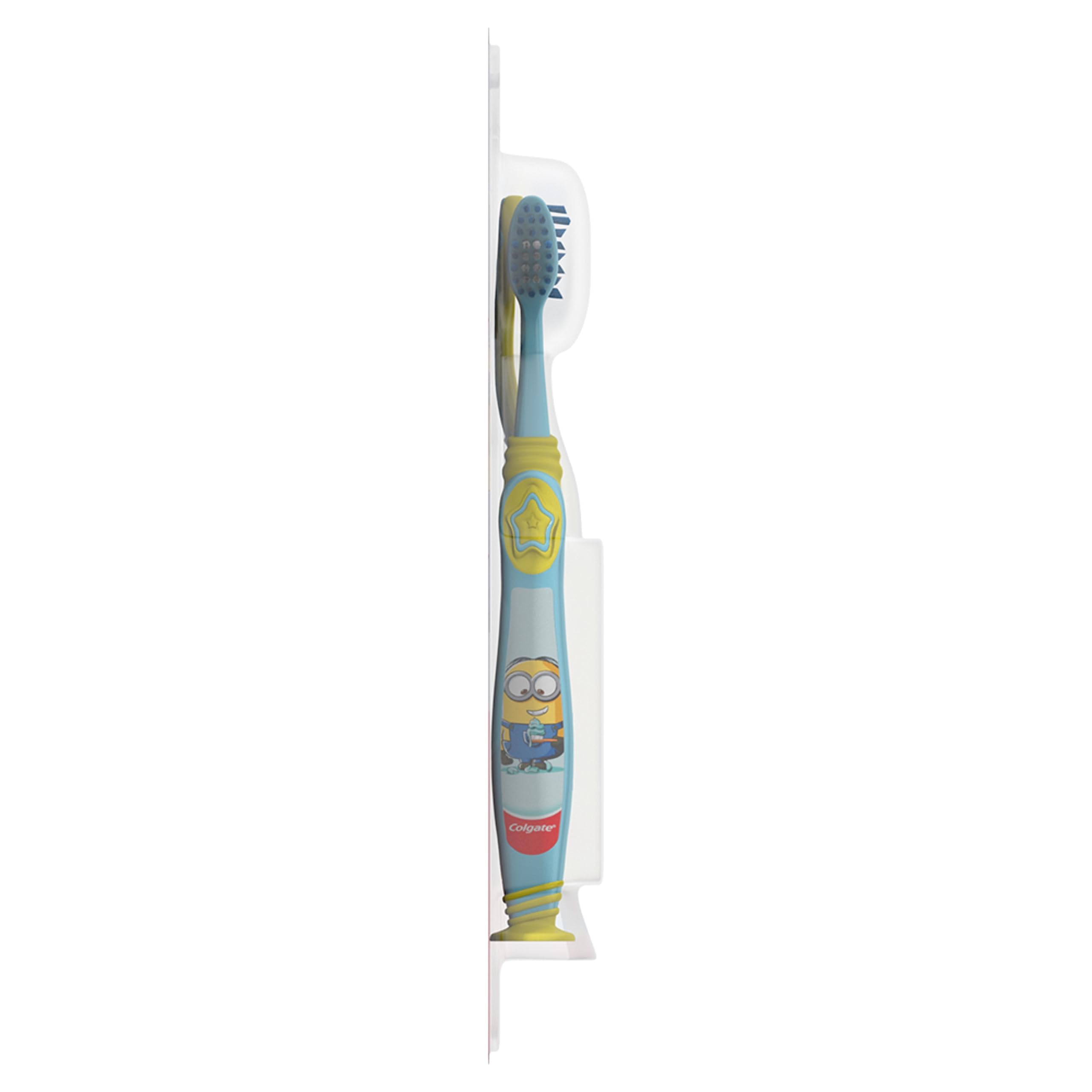 Colgate Kids Toothbrush with Extra Soft Bristles, Cheek and Tongue Scraper, Minions Design, Suction Cup Base - Gentle for Children, Kids Toothbrush for Oral Care (2 Pack)