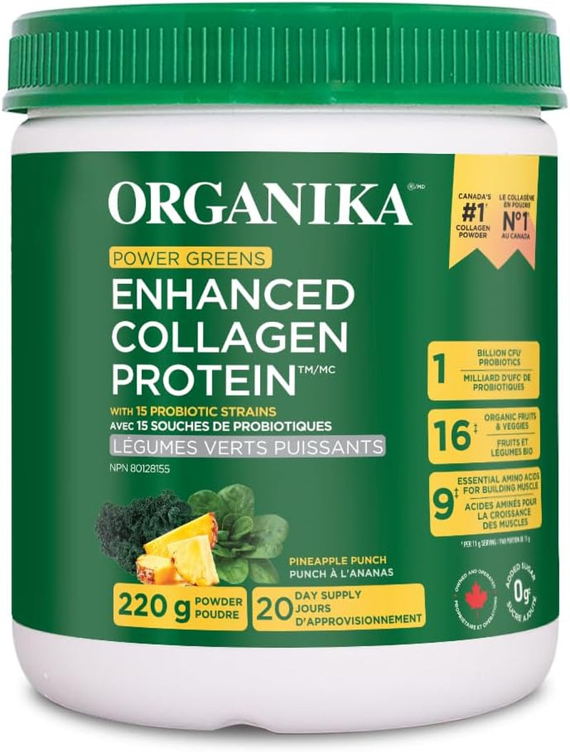Canadian-Made Power Greens with Enhanced Collagen - 16 Superfoods - Organic Fruits and Vegetables Nutrient Rich Powder Pineapple Punch Flavor with Essential Proteins and Probiotics - 220G