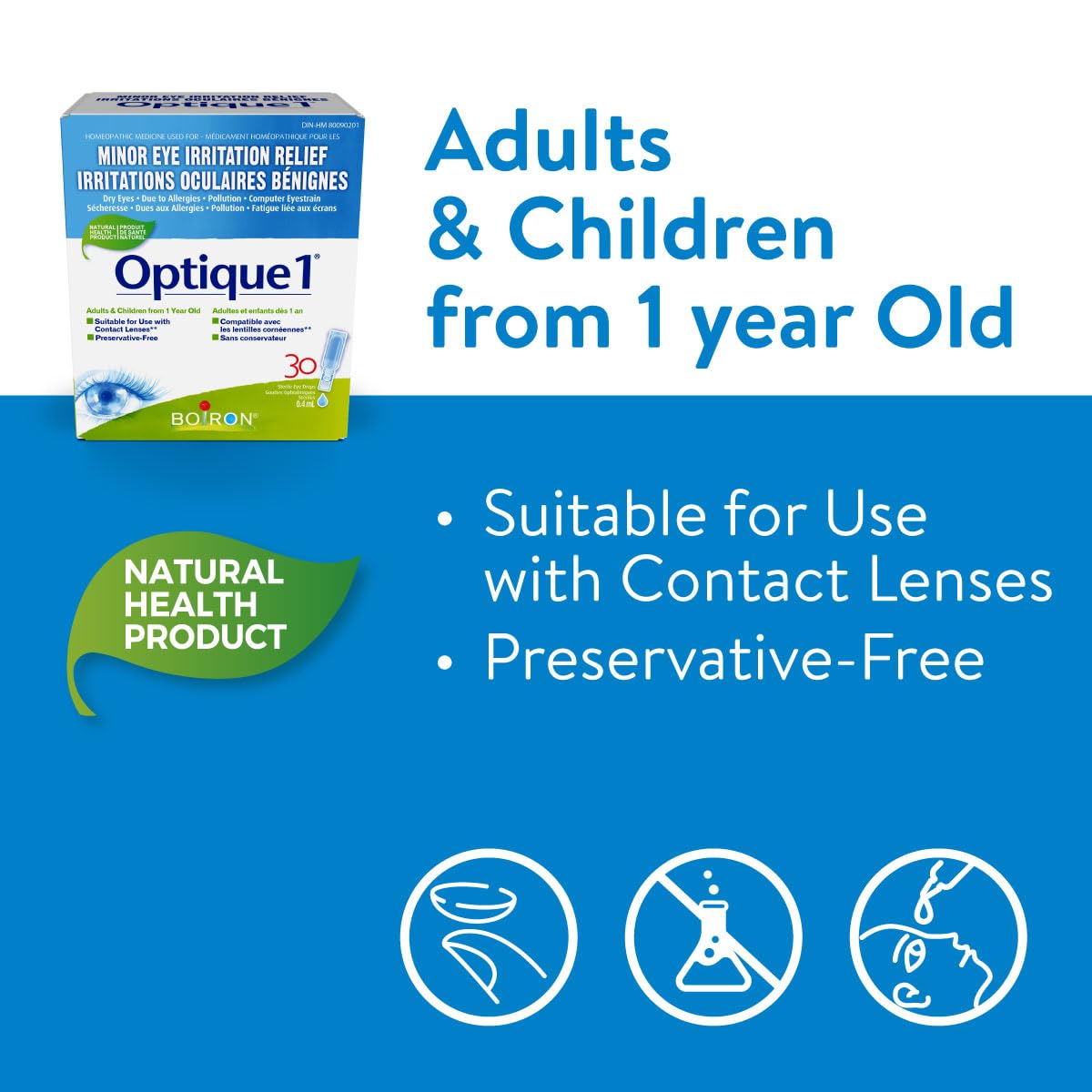 Boiron Optique 1, Eye drops used to relieve minor eye irritations such as dry, itchy or red burning eyes due to allergies or computer eye strain. 30 unit-doses