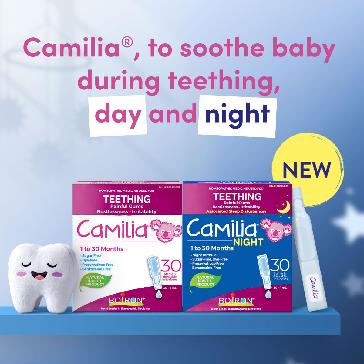 NEW Boiron Camilia Night 30 unit-doses. Homeopathic medicine used to relieve pain, restlessness, irritability due to teething, and associated sleep disturbances. From 1 to 30 months.