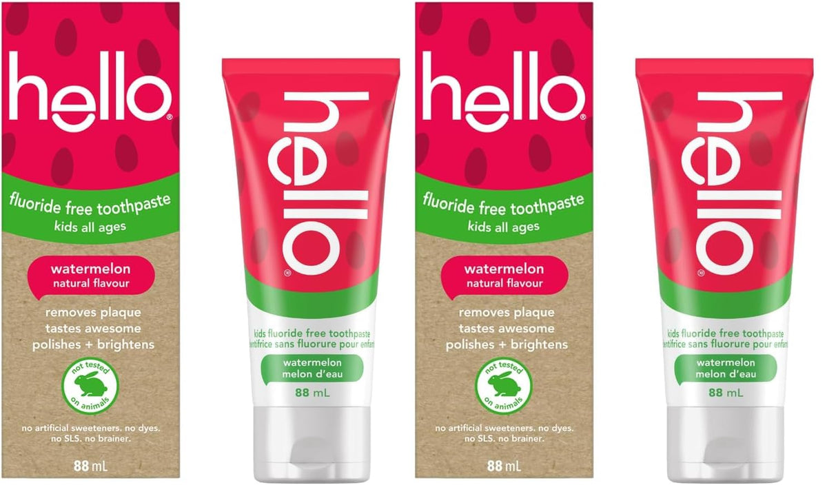 Hello Watermelon Flavour Fluoride Free Kids Toothpaste, Vegan, SLS Free, Gluten Free, Safe to Swallow for Baby and Toddlers Natural Toothpaste, 88 mL 2 Pack