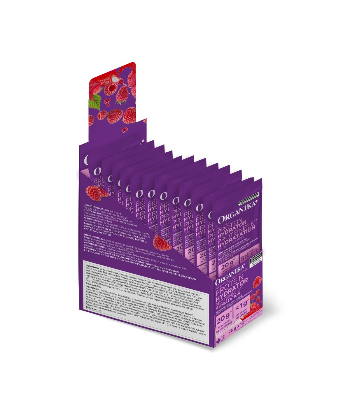 Organika Canadian-Made Protein Hydrator- Raspberry Flavour- Whey Protein Isolate with Collagen, Electrolytes, and Probiotics. Easy to Digest, 20g Protein Per Serving- 12 x 26g sachets