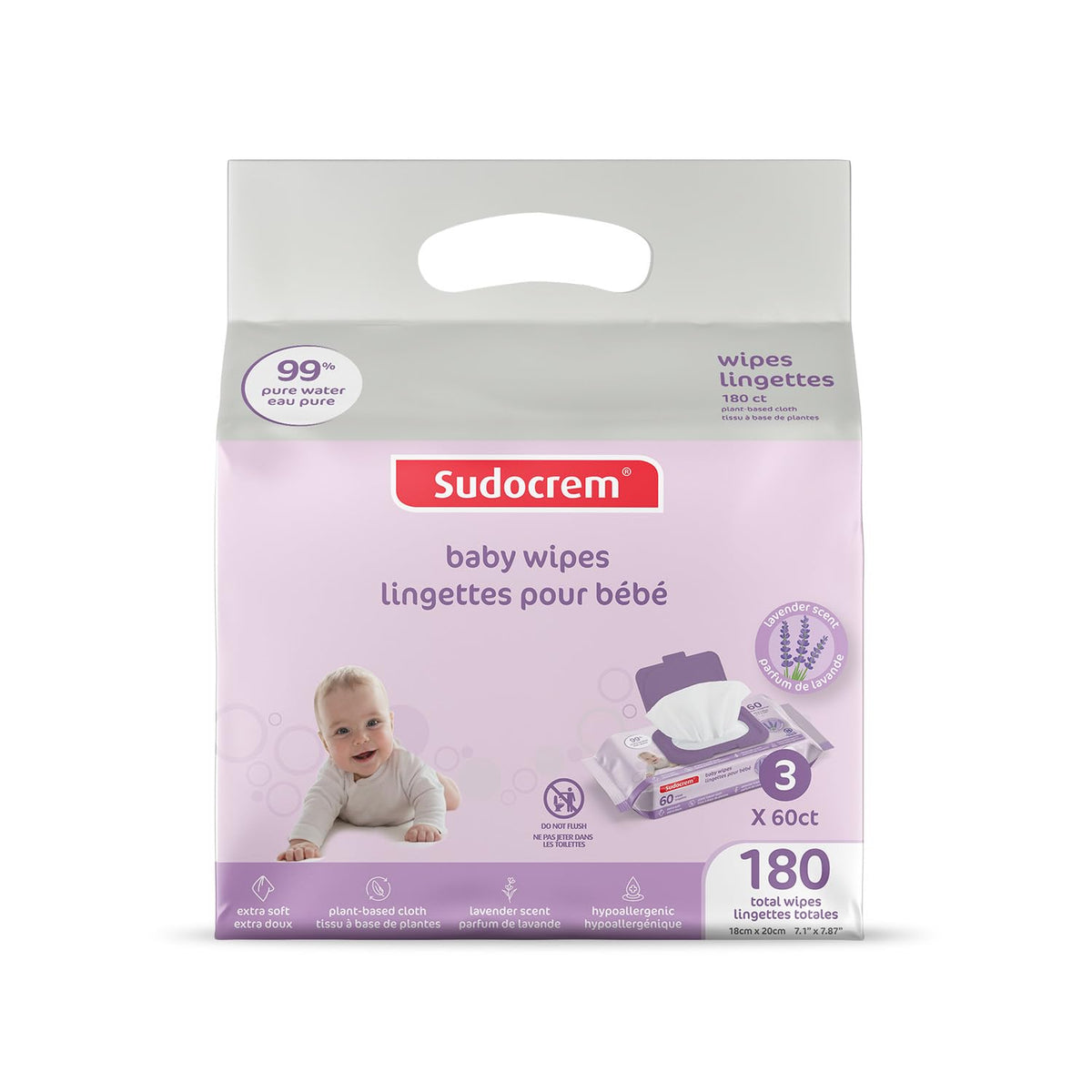 Sudocrem Pure Water Wipes 180 Count - Lavender Scent, Hypoallergenic, Plant-Based Baby Wipes, 99% Water - Extra Strong and Ultra Soft