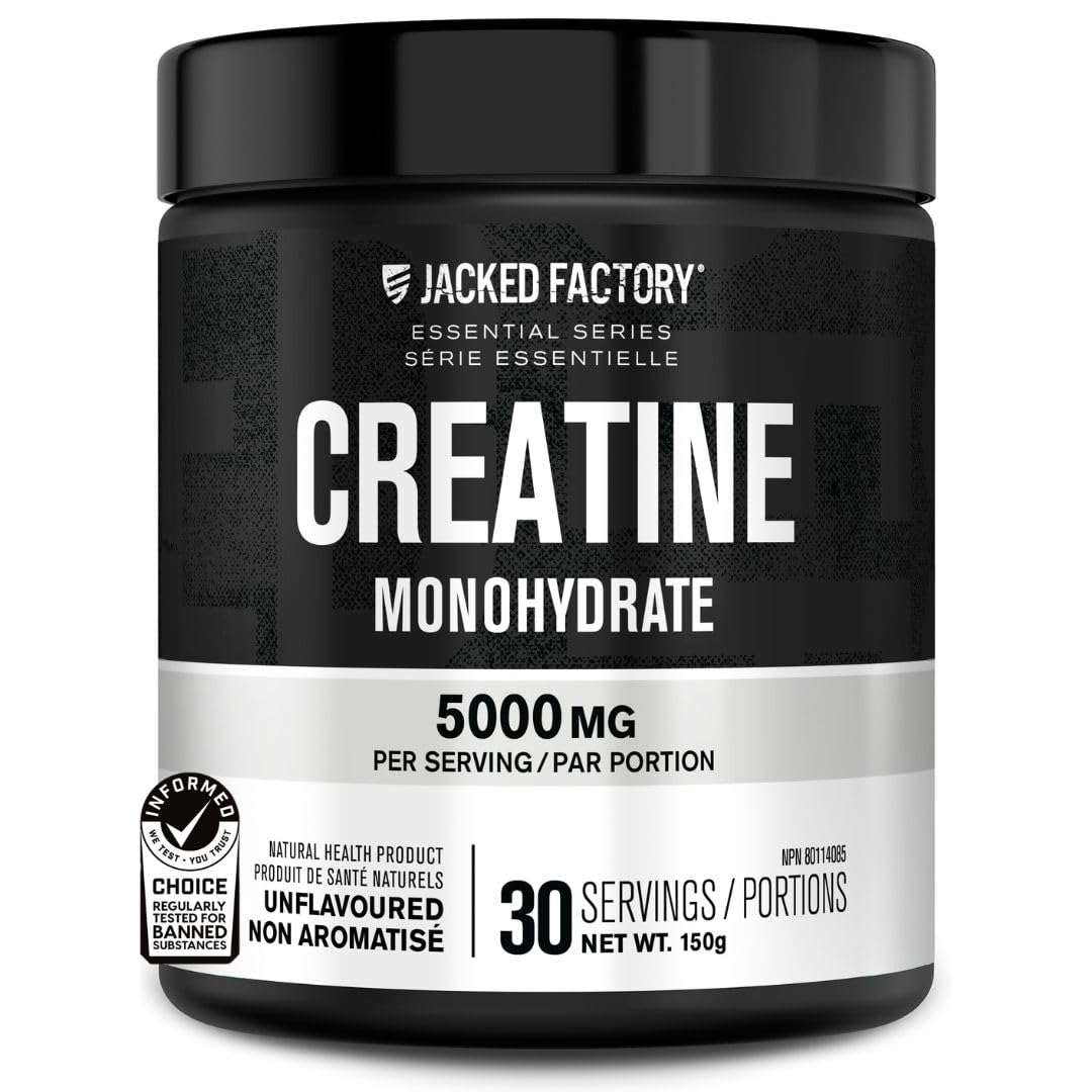 Jacked Factory Creatine Monohydrate Powder 150g - Canadian-Owned Informed Choice Certified Supplement for Increased Muscle Mass*, Improved Strength, Power, & Performance** - 30 Servings, Unflavored