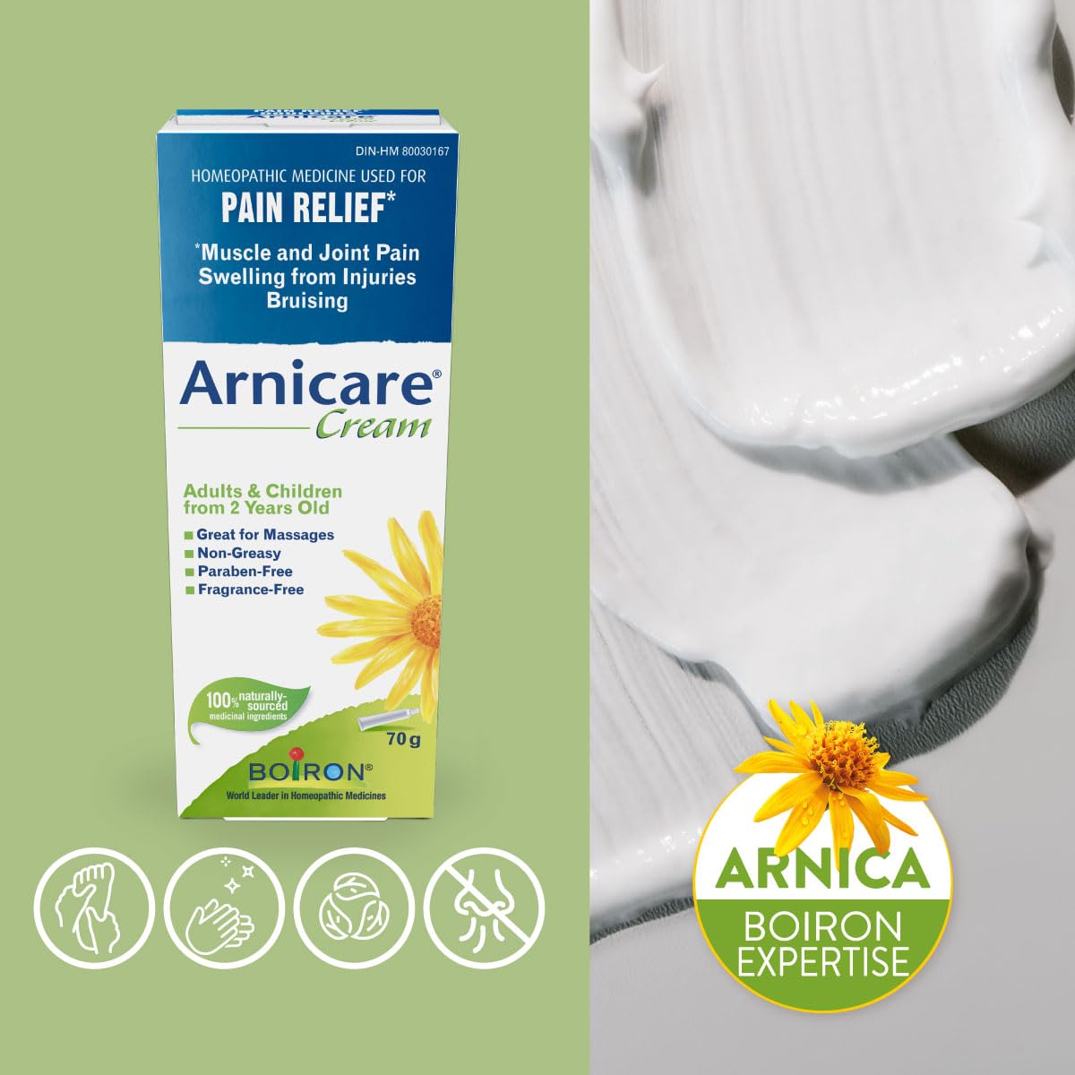 Boiron Arnicare Cream for Pain Relief, Muscle Pain and Joint Pain Relief, Swelling from injuries, Bruise & Bruising, from Natural Sourced Plants Including Arnica Montana, 70g