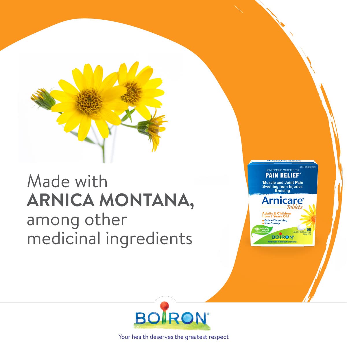 Boiron Arnicare Tablets, Homeopathic Medicine for Muscle and Joint Pain Relief, Swelling from injuries, Bruise & Brusing, from Natural Sourced Plants Including Arnica Montana, 60 Tablets.