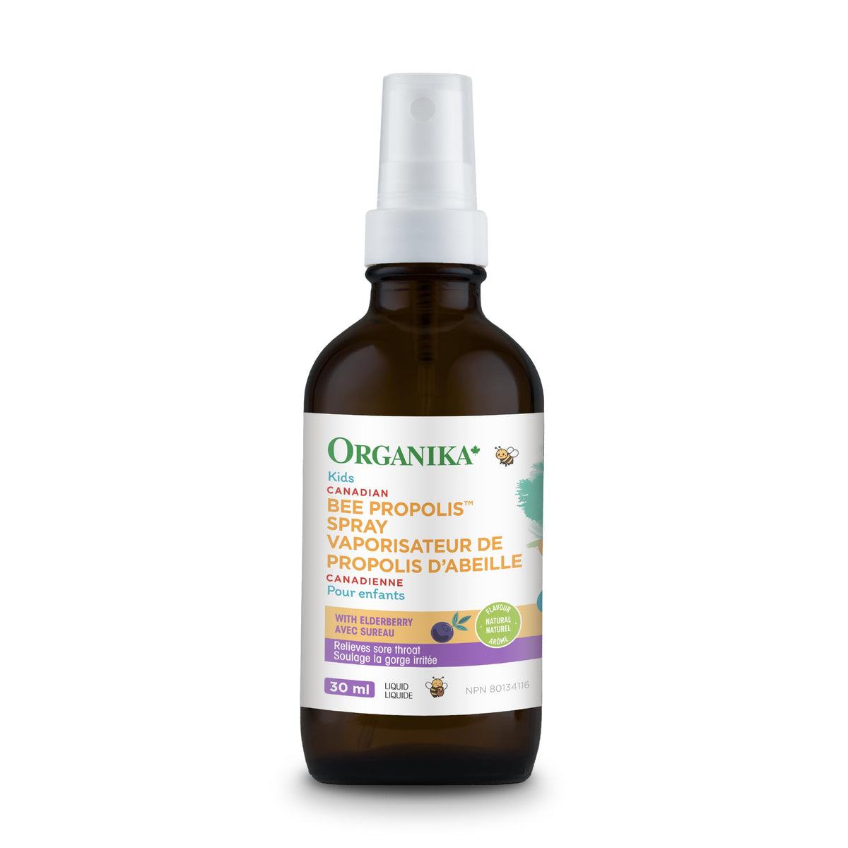 Organika Canadian-Made Kids Bee Propolis Spray with Elderberry for Natural Sugar-Free Sore Throat Relief, Immunity Support, Antioxidants- 30ml