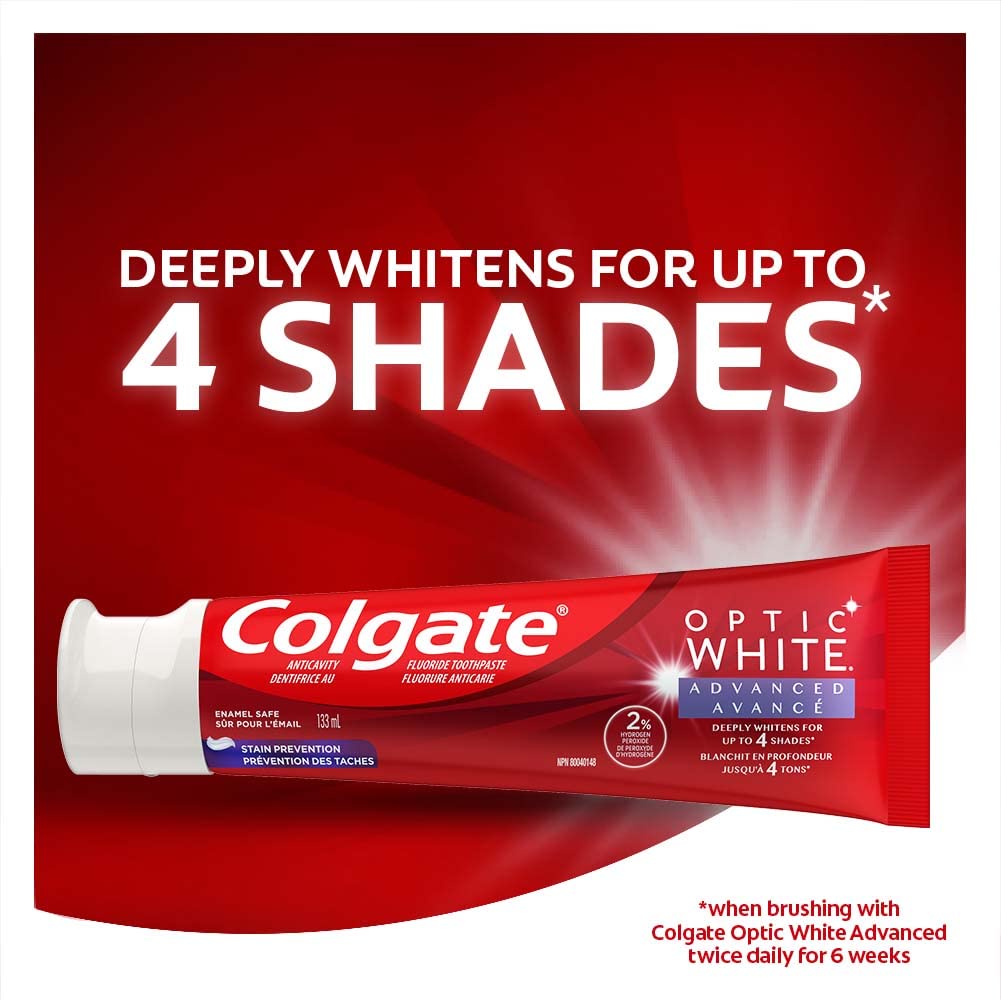 Colgate Optic White Advanced Teeth Whitening Toothpaste, Stain Prevention, 133 ml (Pack of 2)