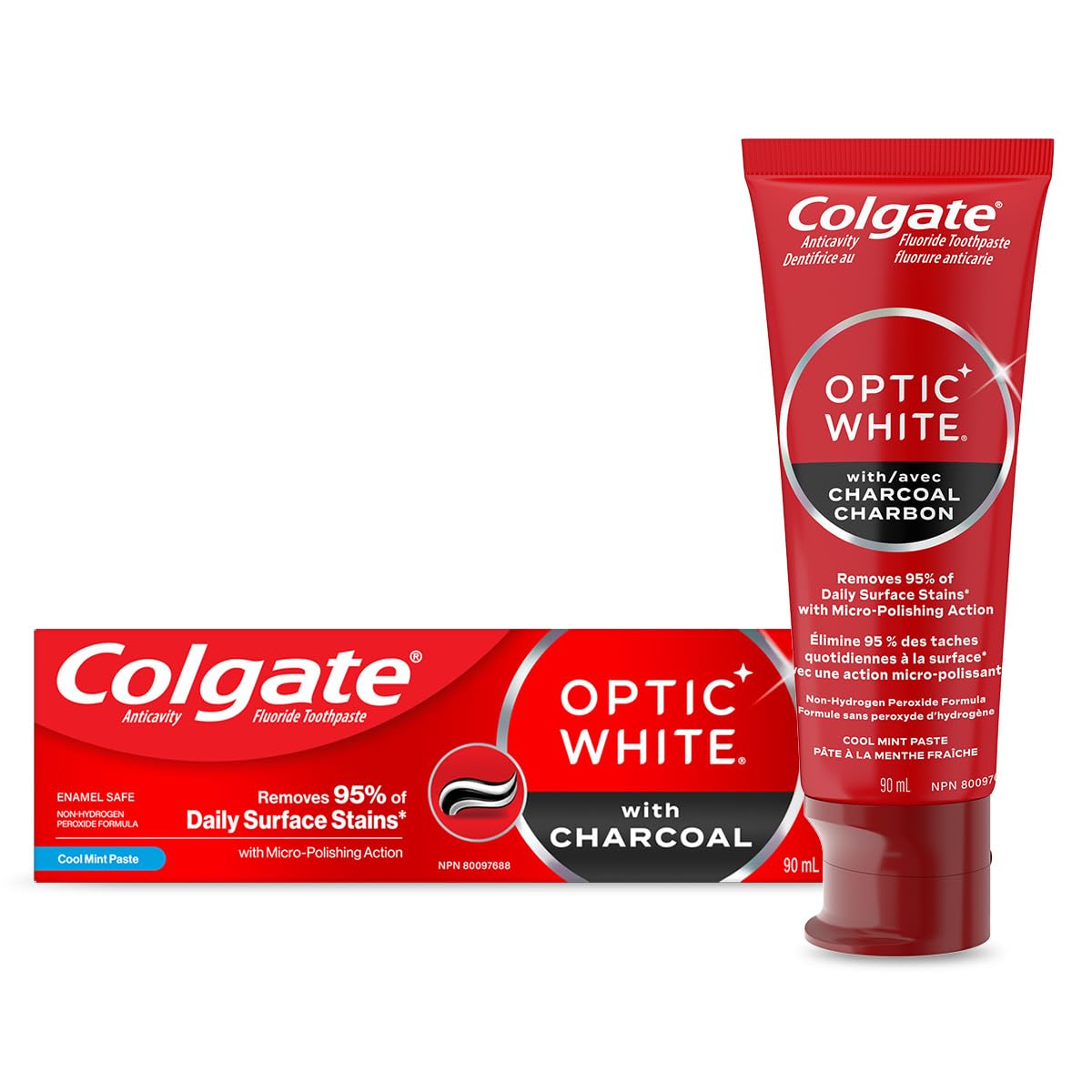 Colgate Optic White with Charcoal Toothpaste, Cool Mint Paste, 90 mL