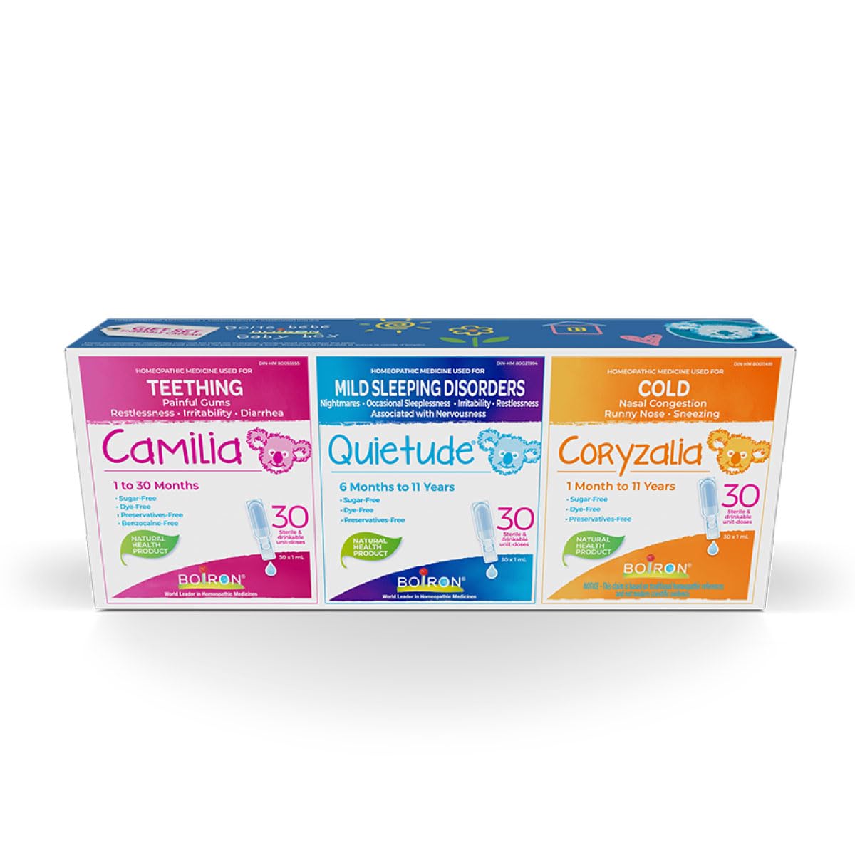 Boiron Toddler Box – This gift set contains one box each of Camilia, Quietude, and Coryzalia, with 30 unit-doses per product.