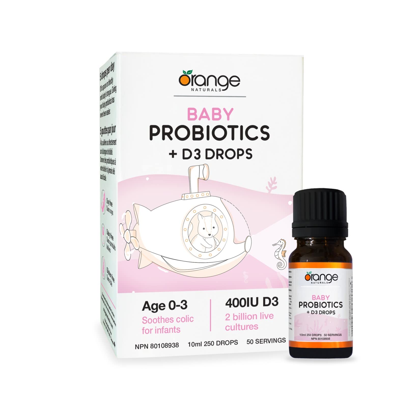 Orange Naturals - Baby Probiotics + D3 Drops 10 ml 50-Servings - Reduce Symptoms of Colic and Support Immunity - Upset Stomach Relief, Bone and Baby Teeth Health 400IU D3