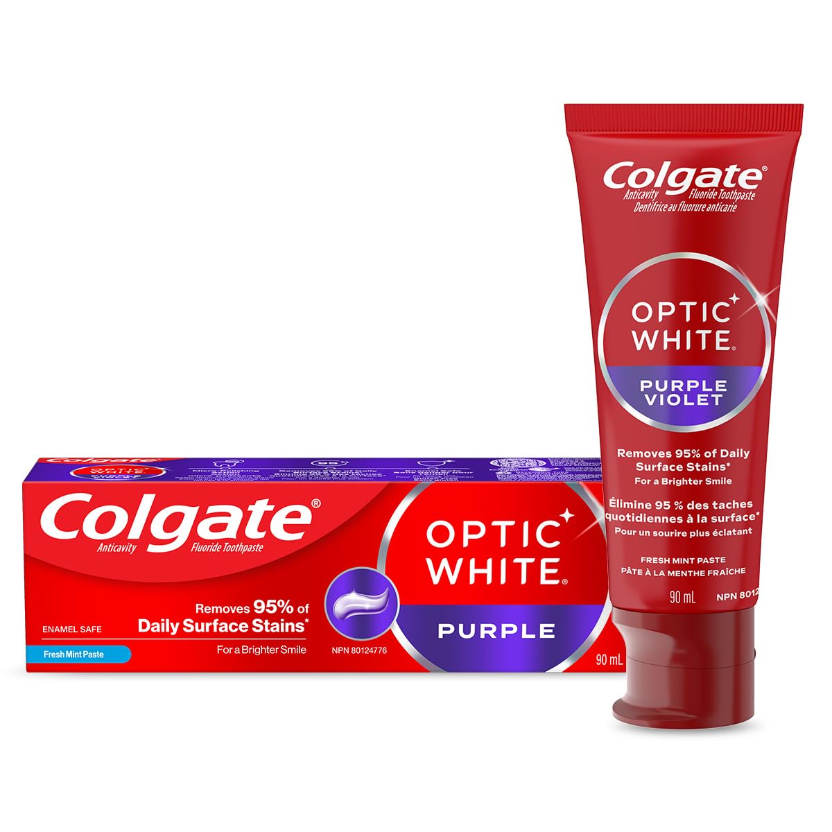 Colgate Optic White Purple Teeth Whitening Toothpaste, Anticavity Toothpaste with Fluoride, Fresh Mint Flavour, 90 mL