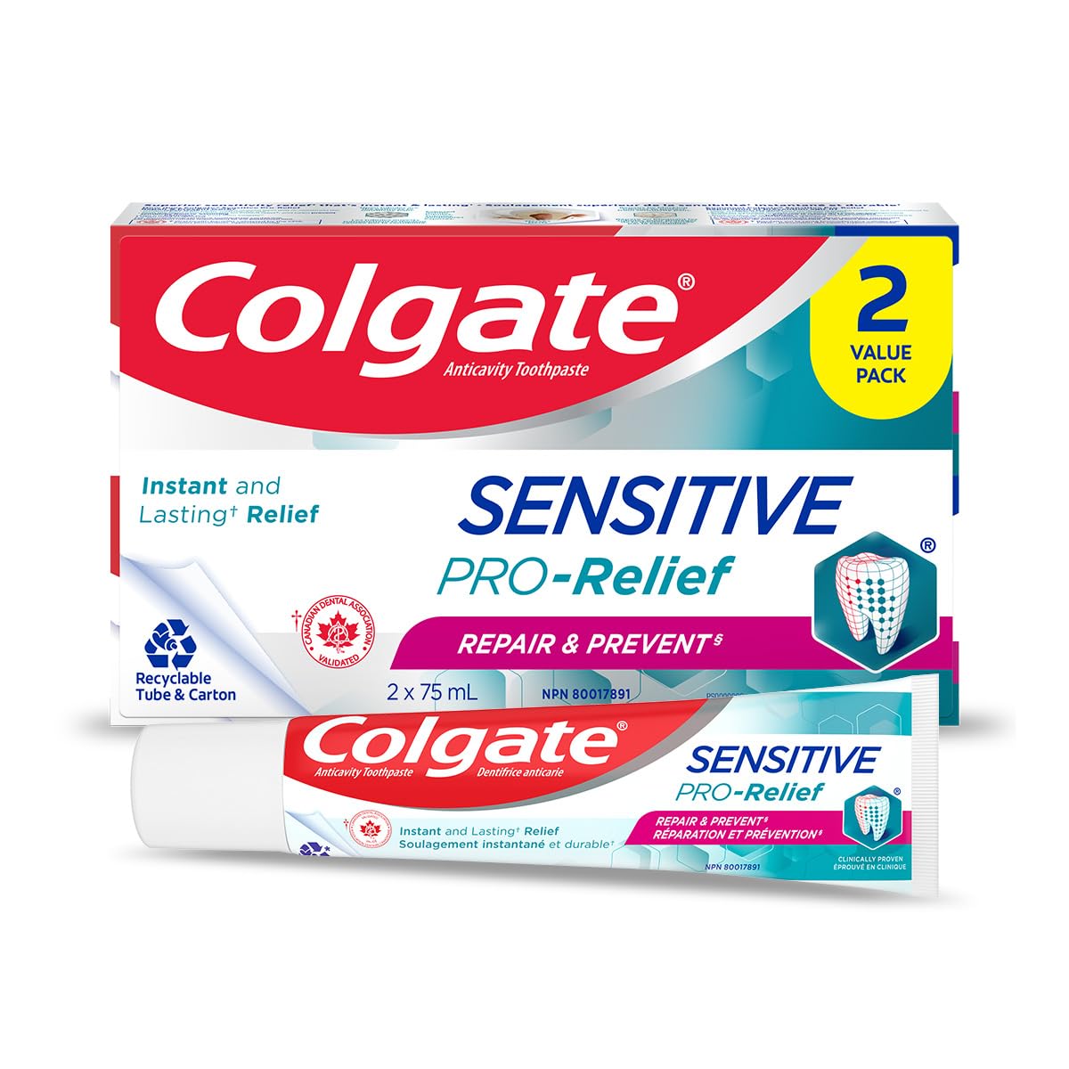 Colgate Sensitive Pro-Relief Repair & Prevent Toothpaste - Dual Zinc and Fluoride Formula for Gum Health, Cavity Protection Whitening Toothpaste, 75ml, 2 Count