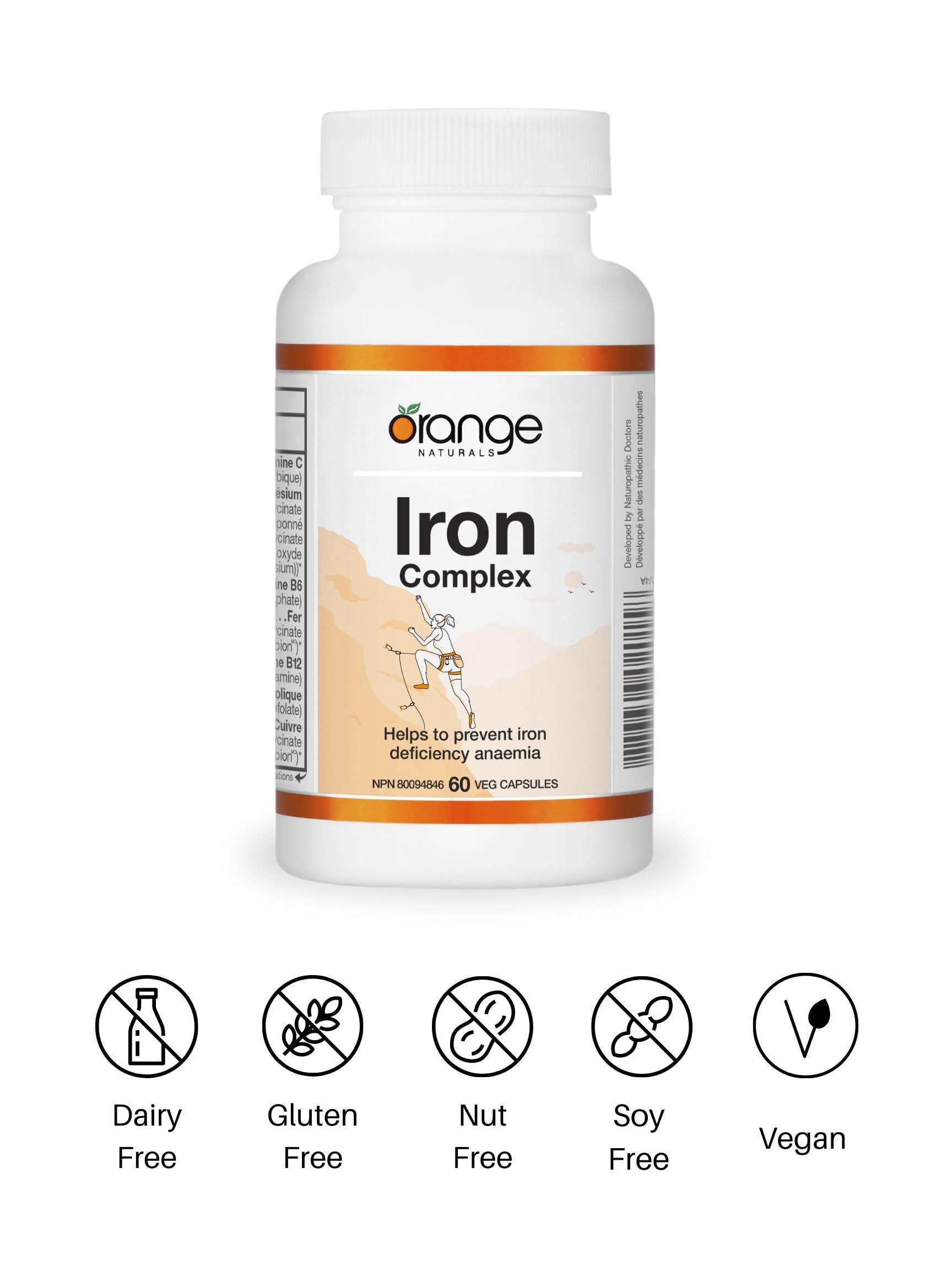 Orange Naturals Iron Complex, 60 Veg Capsules, 60-Day Supply - Vegan, Non-GMO, Soy & Gluten-Free - Gentle Iron Bisglycinate with Vitamin C, B6, B12 & Folic Acid, Easy-to-Digest Iron Supplement